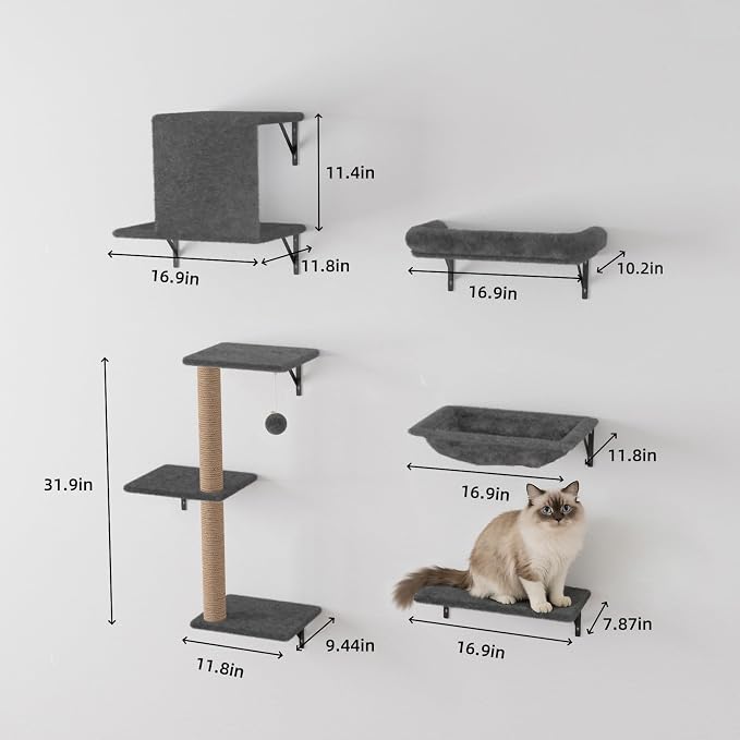 Cat Wall Shelves 5-Piece Set,Cat Walls Furniture for Indoor Large Cats Includes Bed, Cave, Scratching Post, Hammock, Space Saving Floating Shelves (Dark Gray)