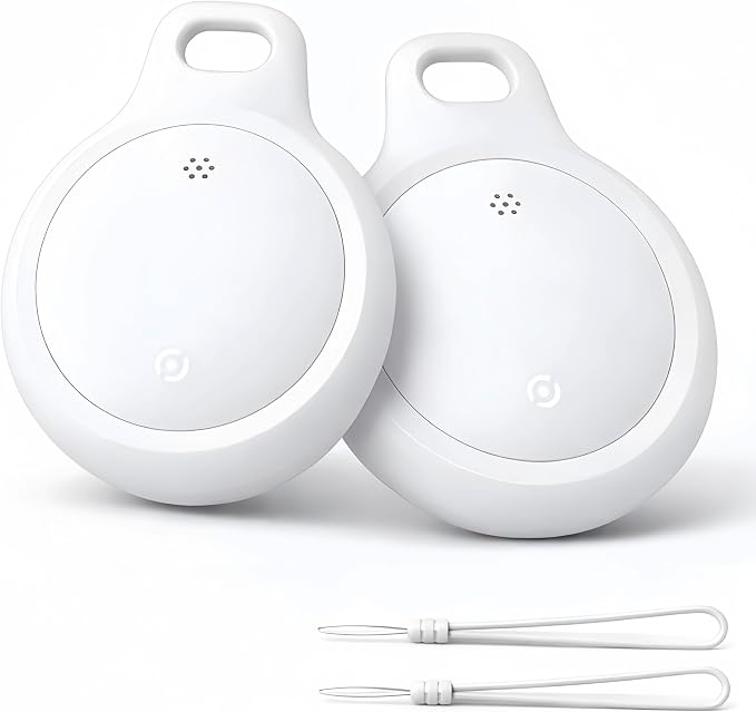 Bluetooth Tracker Works with Apple Find My & Android Find Hub – Key Finder for Keys & Pet Collar, No Monthly Fee, Loud Alarm, Replaceable Battery(2 Pack, White)
