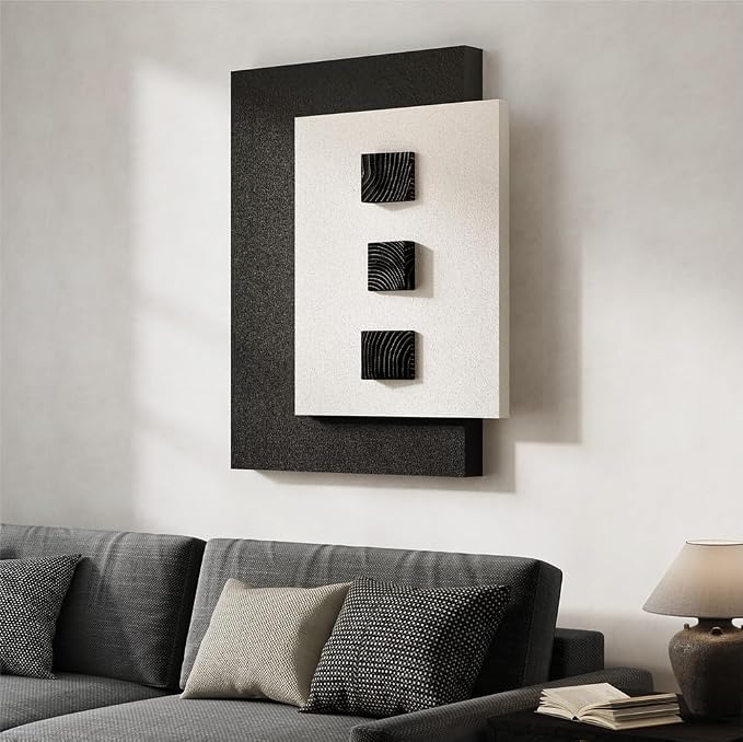 Cuspin Large 3D Wood Wall Art for Living Room, Minimalist Black and White Geometric Wall Decor, Modern Textured Wooden Blocks Artwork for Bedroom Dining Room Office Hallway