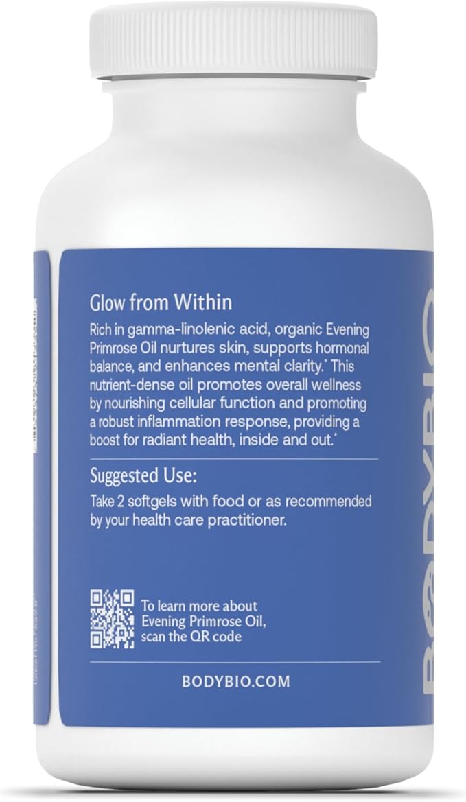 BodyBio Evening Primrose Oil - Natural Gamma Linolenic Acid for Healthy Skin & Hormone Balance - Non-GMO, Cold Pressed, 180 softgels