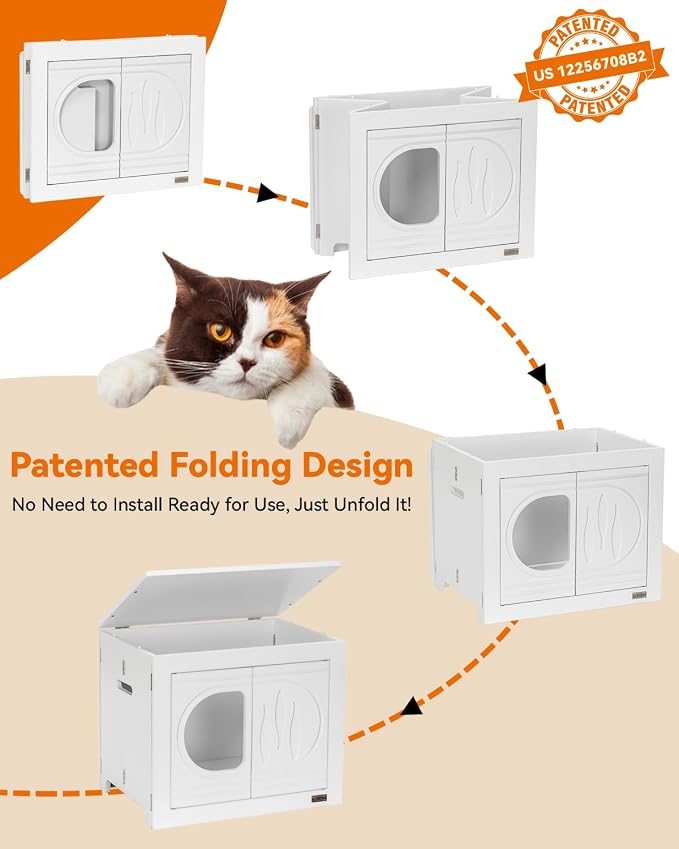 PETSFIT Cat Litter Box Enclosure Folding Furniture, Unfold to Use, No Assembly Needed, Litter Box Furniture as Cat House, End Table, Fit Most of Litter Box (White)
