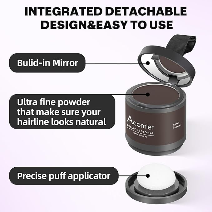 Acomler Instantly Root Cover Up Hairline Shadow Powder, Root Touch Up Hair Color 0.35 Ounce for Thinning Hair, Grey Hair Coverage, Hair Powder for Women Men, Beard Line, Bald Spots (Medium Brown)