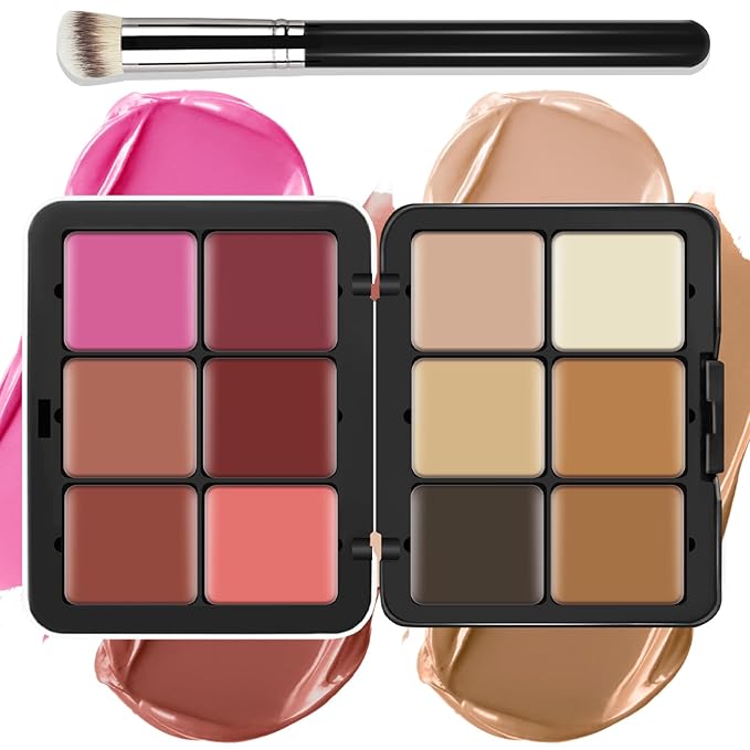 12 Colors Cream [Blush Contour Concealer] Makeup Palette for Cheeks - All in One Makeup Palette Kit with Brush, Natural Matte Long Wearing, Waterproof Blendable Face Make Up Pallete (#02)