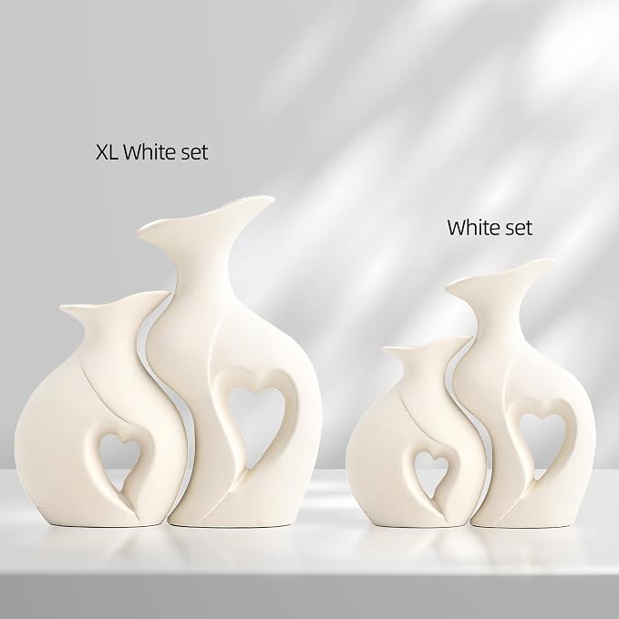 XL White Flower Vases, Nordic Heart Shaped Ceramic Vase Set of 2 | Modern Home Decor, Table Centerpiece, Dining Living Room Office Coffee Table, Wedding House Decoration,H 10.1 inches