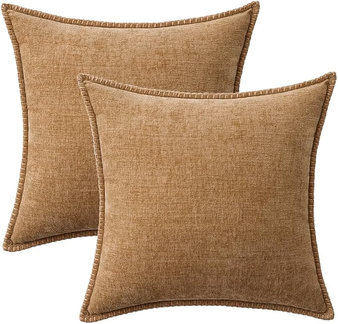 MIULEE Decorative Couch Throw Pillow Covers 20x20 Inch Apricot Brown 2 Pack | Farmhouse Pillow Covers with Stitched Edge, Soft Chenille Cushion Cases, for Sofa Bed Living Room Home Decor