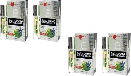 2 Packs - Twin White Roll On Eagle Essentail Medicated Oil - Bon Chai Dau LAN Con O Trang - 8mL per Bottle x 4 Bottles per Order