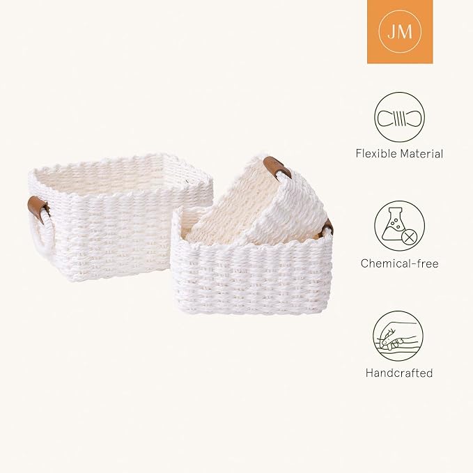 LA JOLIE MUSE Small Wicker Baskets for Organizing, White 3 Pack | Decorative Organizer with Vegan Leather Tag, Round Handle, Storage Baskets for Shelves, Bedroom, Kitchen, Office and Home