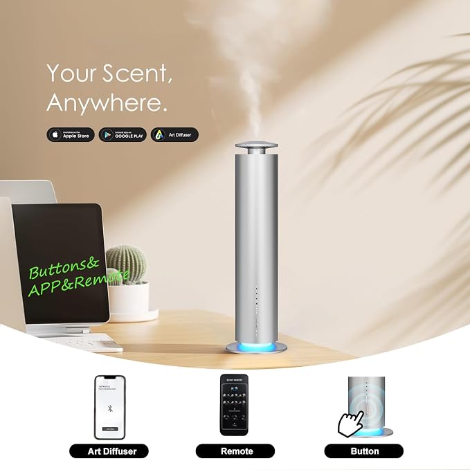 Somniare Waterless Essential Oil Diffuser, 1500 Sq. Ft Coverage Quiet Scent Diffusers for Homes, Hotels, Spas, Adjustable Mist, Included 5 Scent Oils(3.3OZ), Safe for Kids&Pets, Silver