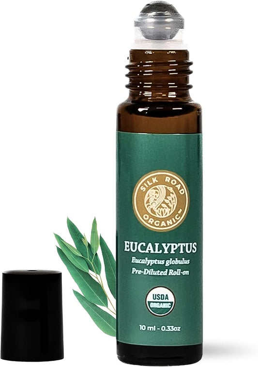 Silk Road Organic Eucalyptus Essential Oil Roll On, USDA Certified - Respiratory Health, Colds, Cough, Sinus & Allergy Congestion - 10 ml Aromatherapy Roller - Always Pure, Always Organic