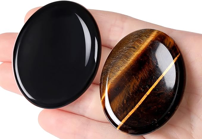QINJIEJIE 2PCS Thumb Worry Stone for Anxiety Tiger's Eye Obsidian Healing Crystals Hand Carved Stones Oval Pocket Gemstones Sets Meditation Crystal Reiki Relax Stone Anxiety Relief Items