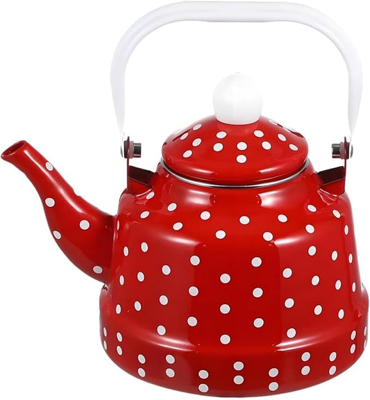 1.8 Quart Vintage Enamel Tea Kettle Stovetop,Enamel Water Kettle Teapot with Red and White Spots,Enamel on Steel Water Coffee with Handle,Hot Water Kettle for Hot Water,No Whistling,Wedding Gifts