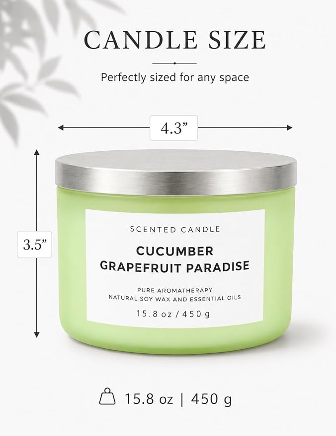 Cucumber Grapefruit Melon 3-Wick Soy Summer Scented Candle for Home 15.8oz | Citrus, Apple & Green Notes, Crisp & Fresh, Clean Burn, Large Scented Candles for Bedroom, Bathroom & Spa, Gift for Women