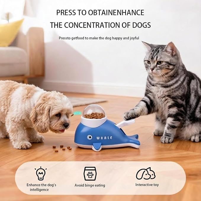 Interactive Dog Treat Dispenser Toy, Whale Shape Puzzle Feeder with Press Button and Rotating Design, White and Blue, Slow Feeding Game for Dogs and Cats