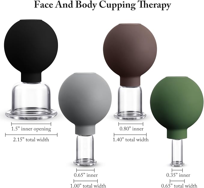 BBTO 4 Pcs Glass Facial Cupping Set Silicone Vacuum Suction Massage Cups Skin Tightening Therapy for Face Body Eyes Back Shoulder Pain(Minimalist)