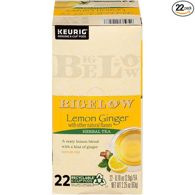 Bigelow Lemon Ginger Herbal Tea Keurig K-Cups, 22 Count Box (Pack of 1), No Caffeine 22 K-Cup Pods Total
