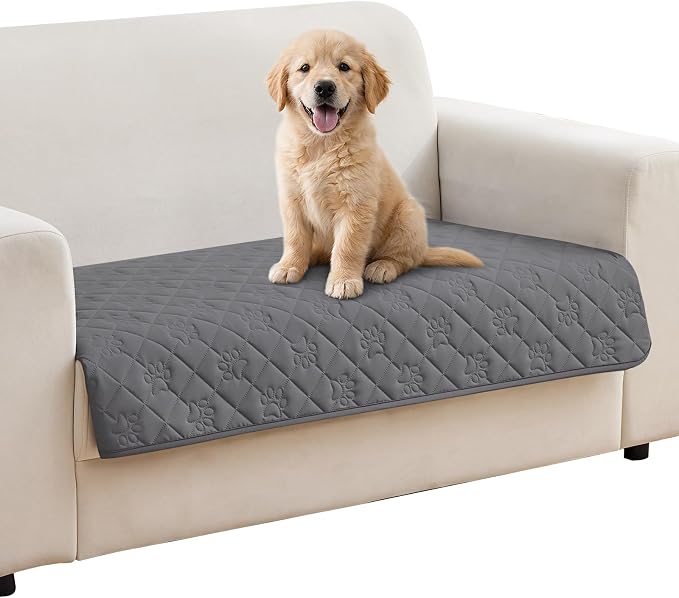 PAWFINITY Waterproof Loveseat Covers for Dogs, Pet Blanket for Couch | Paw Print Quilted, Hair Resistant, Anti Cat Scratch, Washable Protector for 2 Seat Sofa & Chair Cushion, 30x53 Inch, Grey