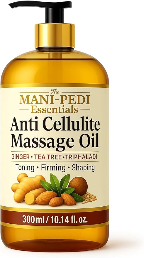 Anti Cellulite Massage Oil with Ginger Oil, Tea-Tree Oil & Natural Herbs for Toning, Firming & Shaping. 100% Natural Ingredients, Non-Sticky Texture - 10 Fl Oz