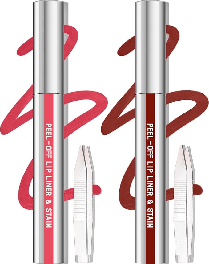 Cilrofelr 2 Colors Lip Liner Stain Peel Off Set with Tweezers - Long Wearing, Transfer Proof, Matte Finish, Quick Plump Lip Effect, Peel Off Lip Stain for All Skin Tones (Rose + Cocoa)