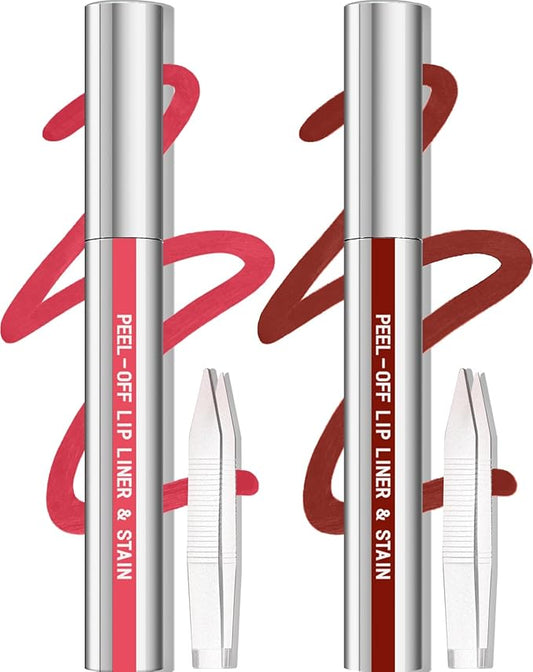 Cilrofelr 2 Colors Lip Liner Stain Peel Off Set with Tweezers - Long Wearing, Transfer Proof, Matte Finish, Quick Plump Lip Effect, Peel Off Lip Stain for All Skin Tones (Rose + Cocoa)