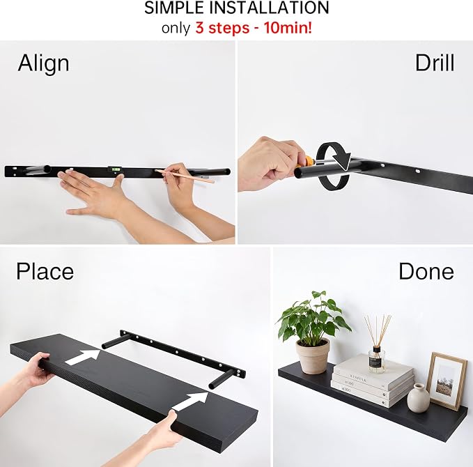 BAYKA Black Floating Shelves 35.4in, Set of 2, Wall Mount Rustic Wood Shelf | Easy Install, 30lbs Max Load, Hidden Bracket, for Bathroom Bedroom Kitchen Display Storage Decor, Multi-Wall Compatible