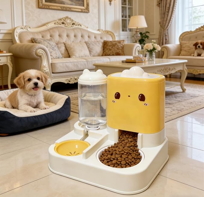 Pet Automatic Feeder Cat Dog Feeding Bowl Food Water Dispenser with Refillable Storage Container Large Capacity Rabbit Feeder Watering Bowls (Yellow)