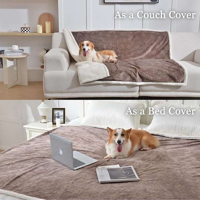 Dog Blankets for Large Dogs - Waterproof Cat Blanket Washable - Sherpa Fleece Puppy Blanket, Soft Plush Reversible Throw Protector for Bed Couch Car Sofa, 60"X80", Taupe