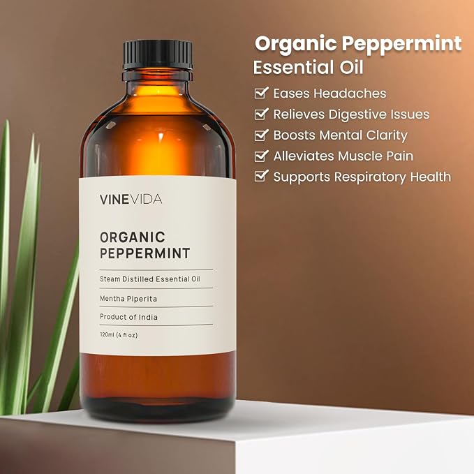 VINEVIDA Organic Peppermint Essential Oil 4 oz - Undiluted Candle Scent DIY Scents for Candlemaking Bulk Soap Making, Pack of 1, 120.0 milliliters