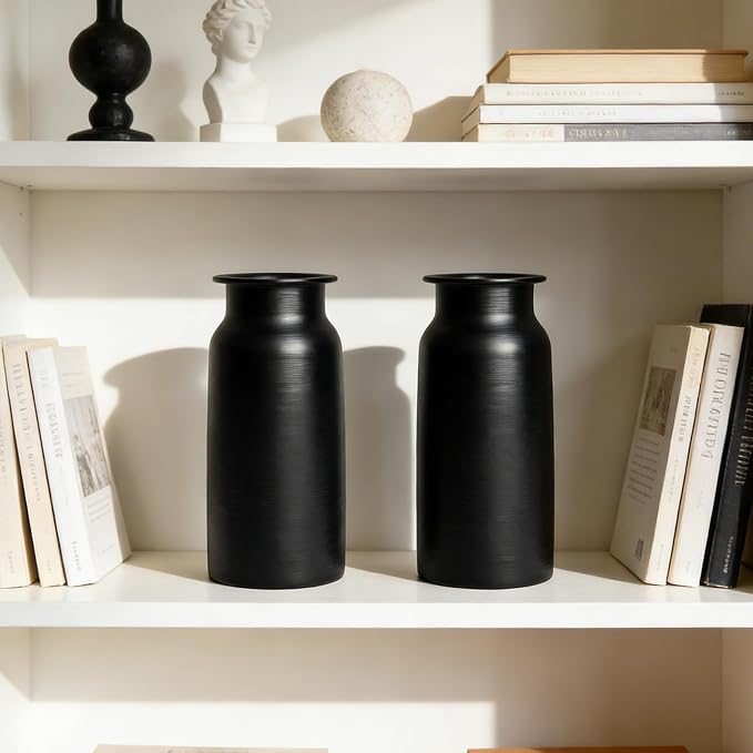 Set of 2 Black Seamless Wide Mouth Metal Flower Vase, 10.8" Tall Modern Matte Black Floral Vase Pair, Shatterproof Leakproof, Industrial Home Decor Centerpiece for Table, Mantle, Shelf