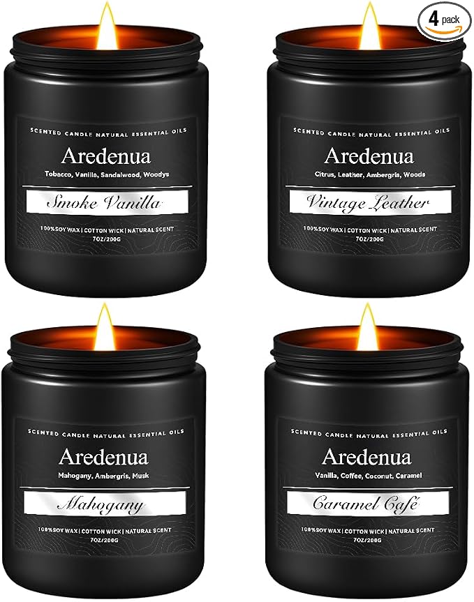 Men’s Candle Set for Men, 4 Pack Masculine Scented Candles – Vintage Leather, Smoke & Vanilla, Mahogany, Caramel Coffee – Soy Candles for Home, Gentlemen Candle Aromatherapy Gift for Him