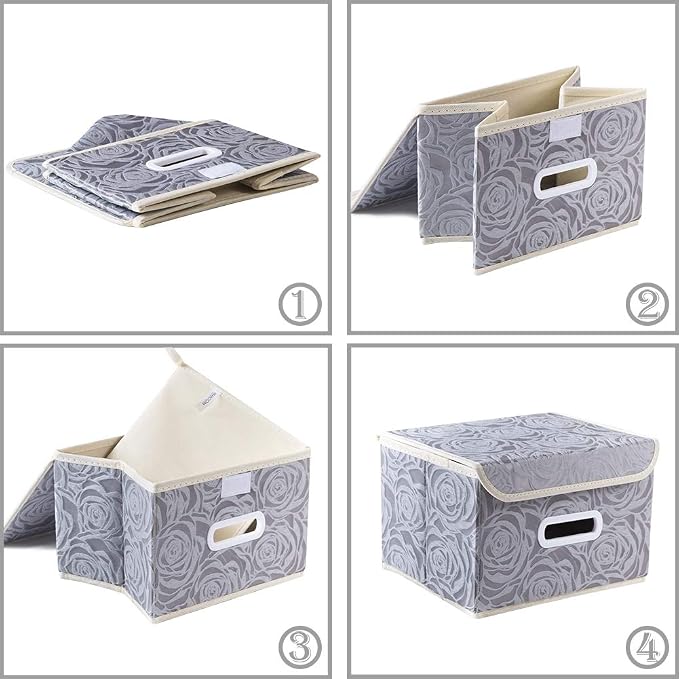 Collapsible Storage Boxes with Lids Fabric Decorative Storage Bins Cubes Organizer Containers Baskets with Cover Handles Divider for Bedroom Closet Living Room 9.8x7.9x6.7 Inch 3 Pack