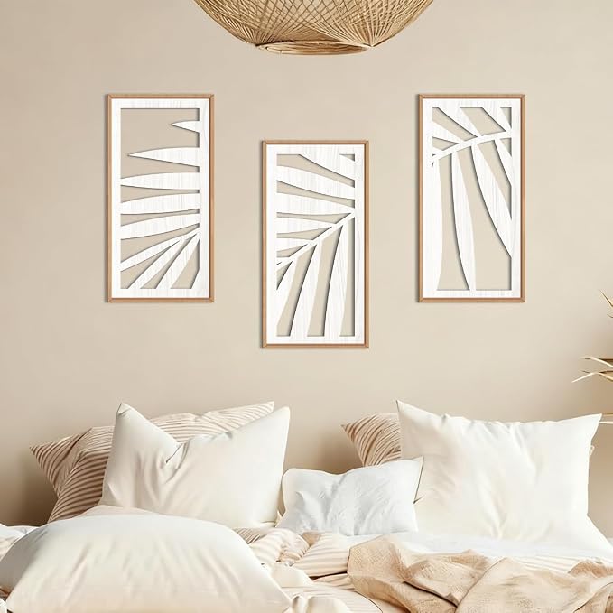 IARTTOP Tropical Palm Tree Leaf Wood Wall Art White Framed 8x16 Inch Set of 3 Hawaii Plant Leaves Wooden Wall Decor Minimalist Boho Artwork for Living room Bedroom Office