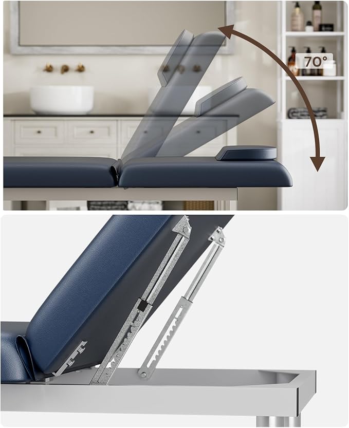 SyyBhb Professional Stationary Massage Table, 550lbs Heavy Duty Wide Exam Bed for Treatment, Backrest Adjustable, Removable Headrest, Bottom Shelf Storage and Towel Hook, Blue