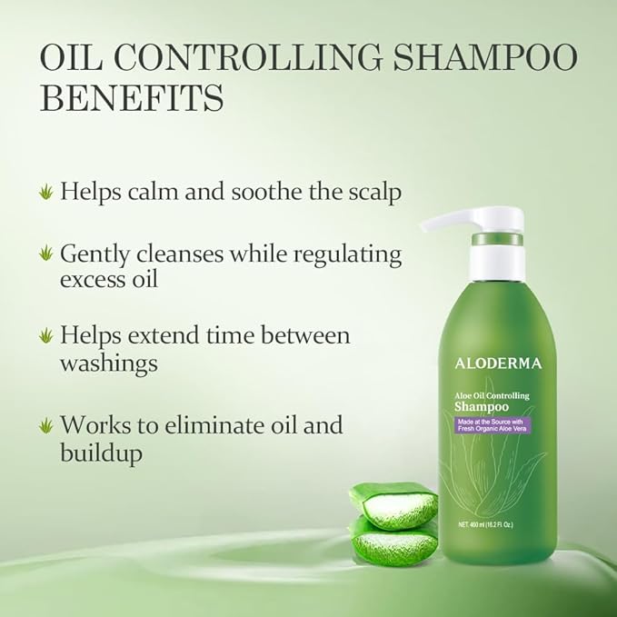 Aloderma Aloe Oil Control Shampoo 16oz - Made within 12 Hours of Harvest Fresh, Organic Aloe Vera (No Water Added), Tea Tree Oil, and Willow Bark Extract to Gently Cleanse Without Stripping or Drying