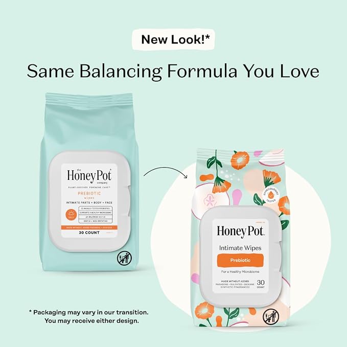 The Honey Pot Company - Feminine Wipes - Prebiotic - Herbal Infused w/Aloe Vera, Apple Cider Vinegar, & Probiotics - pH Balanced - Feminine Care for Sensitive Skin - Cleansing Wipes for Women - 30ct