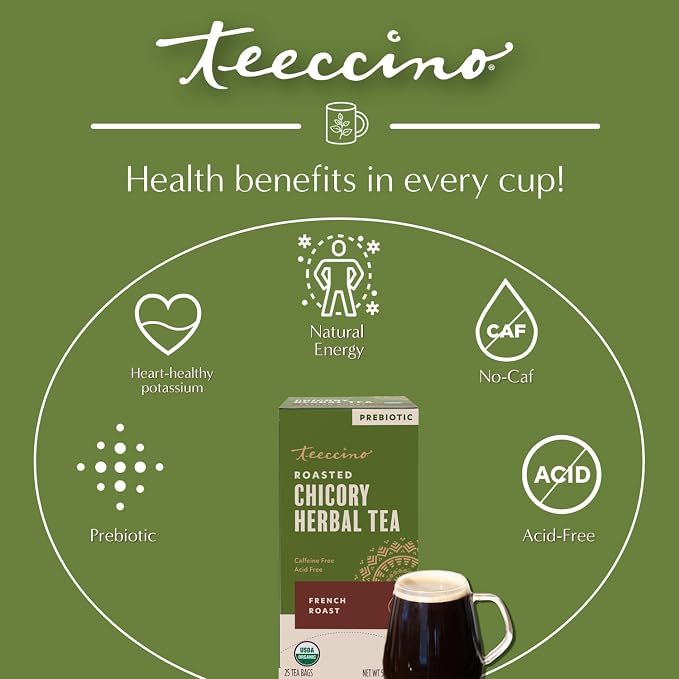 Teeccino French Roast Herbal Tea - 25 Tea Bags - Rich & Roasted Herbal Tea That’s Caffeine Free & Prebiotic for Natural Energy, Coffee Alternative, (Pack of 3)