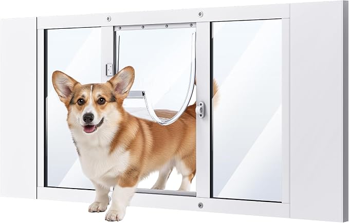 Dog Door for Window, Aluminum Frame Window Pet Door, Adjustable to Fit 33"-38" Width Sliding Windows, Magnetic Closure, Fits Dogs up to 100lb, Large-Plus