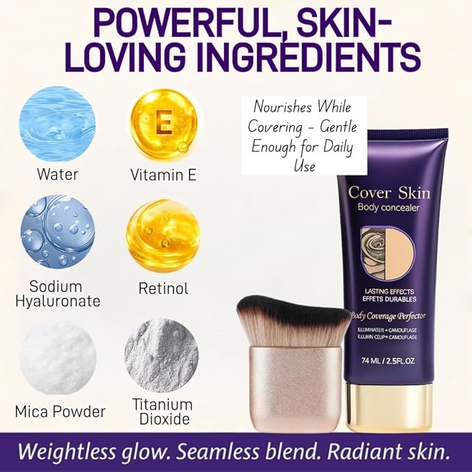 Waterproof Body Concealer with Brush – Waterproof Full Coverage Body Foundation for Scars, Stretch Marks & Tattoos – Streak-Free Leg & Arm Makeup for Even Skin Tone and Natural Radiant Finish