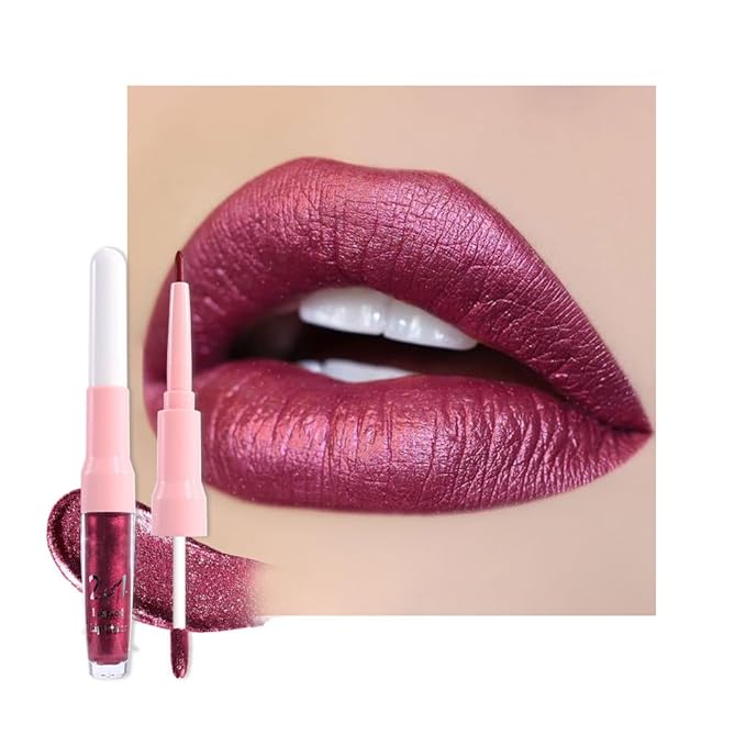 evpct Dark Red Metallic Glitter Lip Liner and Lipstick Combo Lip Gloss Stain Set Makeup for Women Long Lasting Waterproof 24, Dark Red Metallic Shimmer Frosted Iridescent Glossy Liquid Lipstick 26
