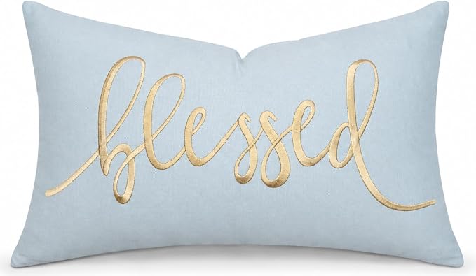 EURASIA DECOR Blessed Embroidered Lumbar Pillow Cover 12x20, Robins Egg | Raised tan script on robins egg; scripture faith gift, cotton, hidden zip, solid back, cover only