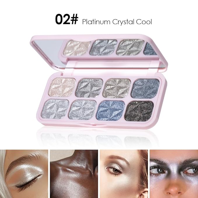 8-Color Eyeshadow Palette, Platinum Crystal Cool, Silver Gray Metallic Shimmer Shades, Long-Lasting Waterproof Formula, Smooth Blendable Eye Makeup for Elegant & Cool Tone Looks