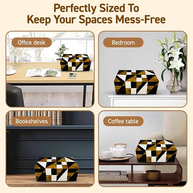 Perilla Home Home Decor Decorative Storage Wooden Box Small Geometric Organizer Tool Stash Card Craft Trinket Memory Keepsake Jewelry Box for Men and Women, Gifts For All, Brown, Black and Off White