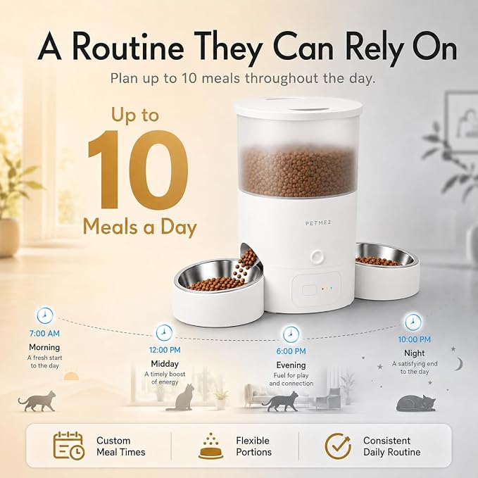 3L Dual Automatic Pet Feeder - Smart & Quiet Cat Automatic Feeders for 2 Cats with App Control, 2 Way Audio, Dual Power Options, Portion Control, Self-Feeding Cat Food Dispenser - White