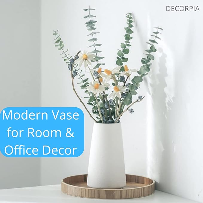DECORPIA White Ceramic Vase - Modern Flower Vase for Home Decor - Cute Vase for Pampas Grass - Desk Aesthetic Room Decor- Farmhouse Decor - Living Room - Dining Table - Office - Kitchen Shelf
