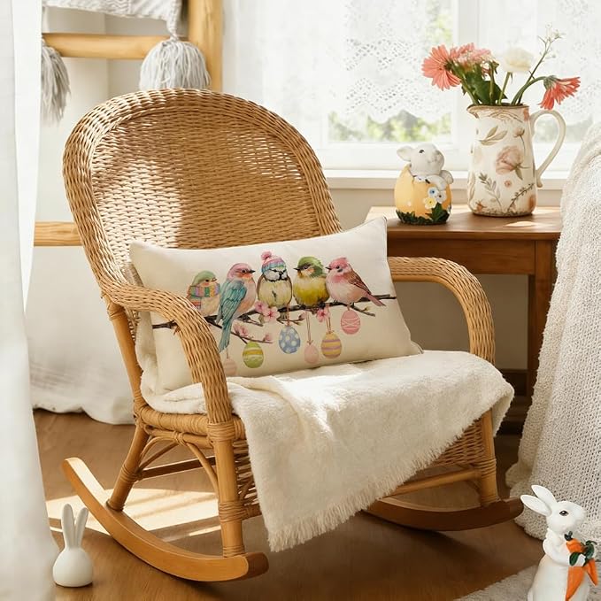 RABUSOFA Easter Pillow Covers 12x20 inch Easter Decorations for Home Pink Birds Colorful Eggs Lumbar Throw Pillows for Bedroom Sofa Holiday Festivals Decor