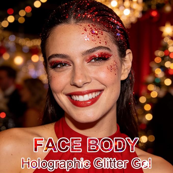 Red Face Body Hair Glitter Gel for Women and Kids, Monochrome Holographic Mermaid Sequins Chunky Glitter Paint Makeup for Mardi Gras Halloween Festival Rave Outfits Accessories, 1.7oz, #07