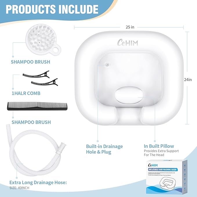 Inflatable Shampoo Basin - Portable Shampoo Bowl, Hair Washing Basin for Bedridden, Disabled,Injured, Hair Wash Tub for Dreadlocks and at Home Sink Washing (White)