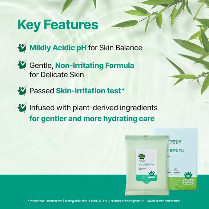 GREEN FINGER Mild Sun Cleansing Tissue 30 Count (6 Packs of 5), Gentle Baby Wipes for Sensitive Skin, Removes Sunscreen Easily, Natural Organic Makeup Remover Wipes with Aloe Vera, Korean Skincare
