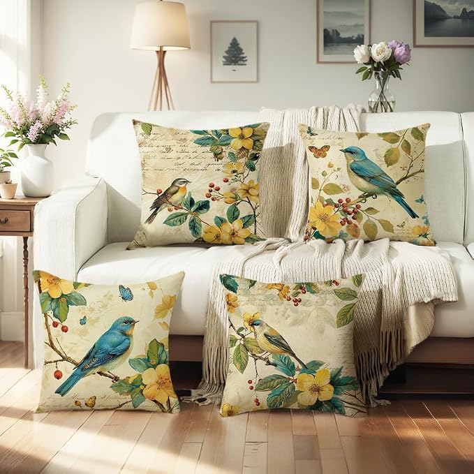 wyooxoo Spring Pillow Covers 18x18 Set of 4 Summer Farmhouse Throw Pillow Covers Floral Bird Decorative Cushion Cases for Sofa Couch Outdoor Bedroom