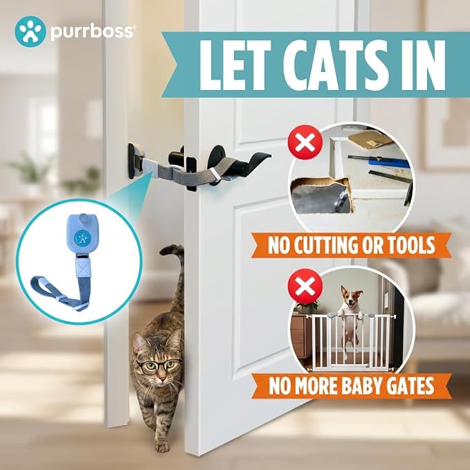 Adjustable Cat Door Latch to Keep Rooms Accessible for Pets, Dog-Proof Pet Gate Alternative for Feeding & Litter Box Areas, Strongest, Portable & No Tools or Adhesives