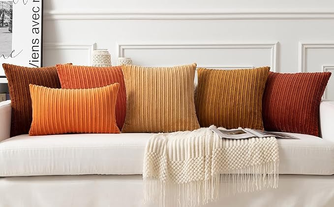 UGASA 14x20 Inch Pillow Cover Pack of 1 Soft Boho Stripe Corduroy Long Rectangle Lumbar Cushion Case Farmhouse Decorative Throw Pilowcase for Bed, Couch, Sofa, Bedroom, Living Room, Dark Orange